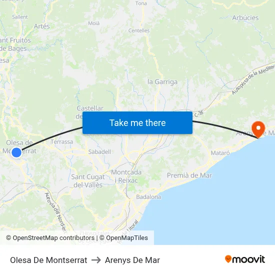 Olesa De Montserrat to Arenys De Mar map
