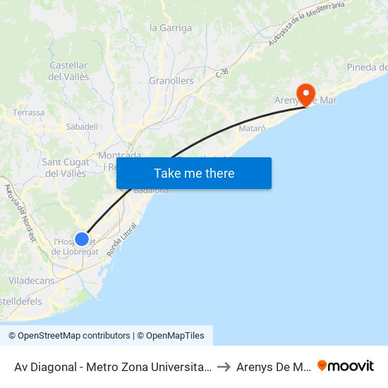 Av Diagonal - Metro Zona Universitaria to Arenys De Mar map