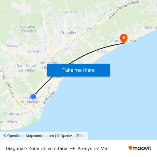 Diagonal - Zona Universitària to Arenys De Mar map