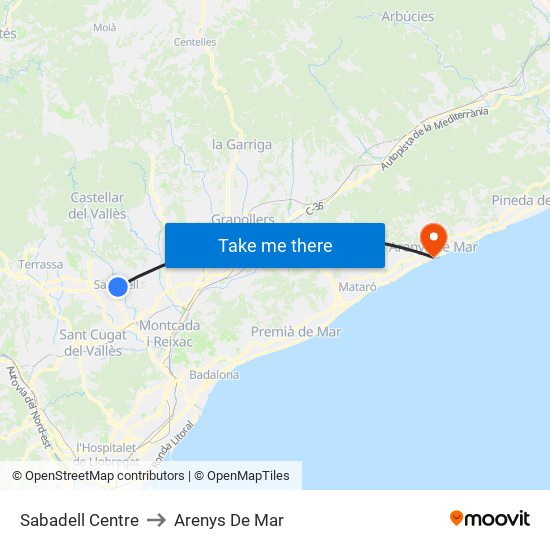 Sabadell Centre to Arenys De Mar map