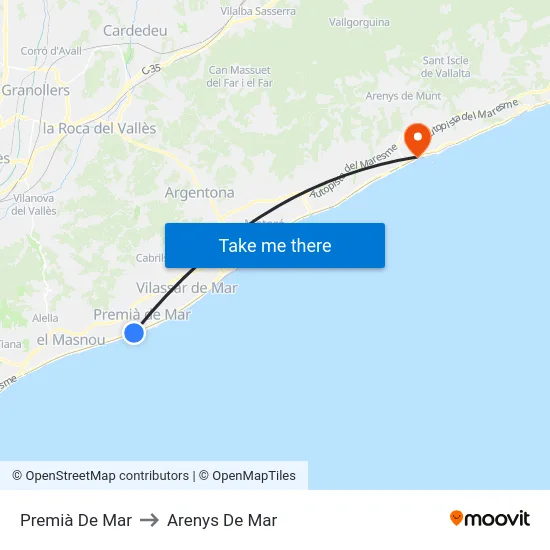 Premià De Mar to Arenys De Mar map
