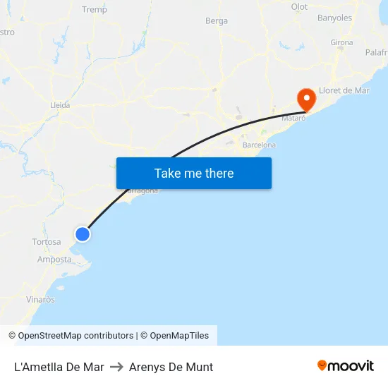 L'Ametlla De Mar to Arenys De Munt map
