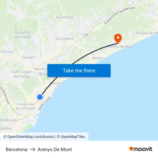 Barcelona to Arenys De Munt map