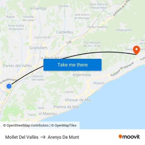 Mollet Del Vallès to Arenys De Munt map
