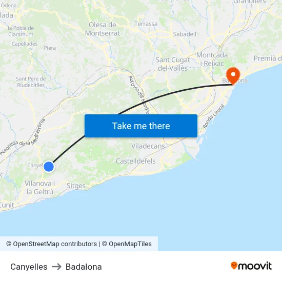 Canyelles to Badalona map