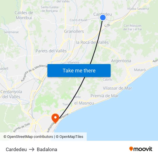 Cardedeu to Badalona map