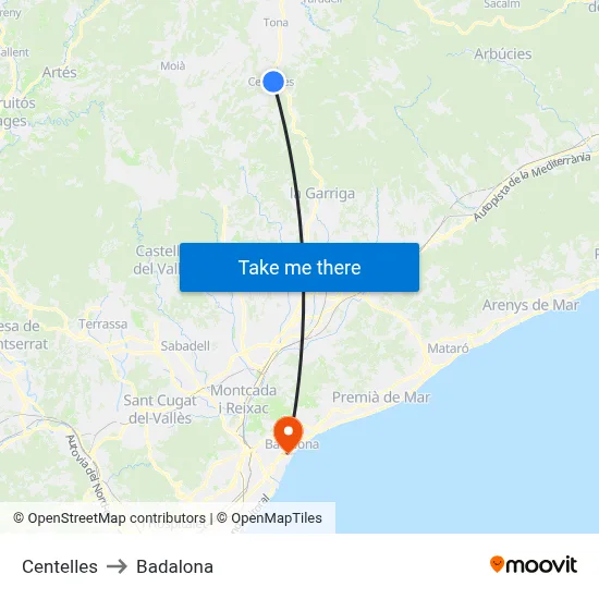 Centelles to Badalona map