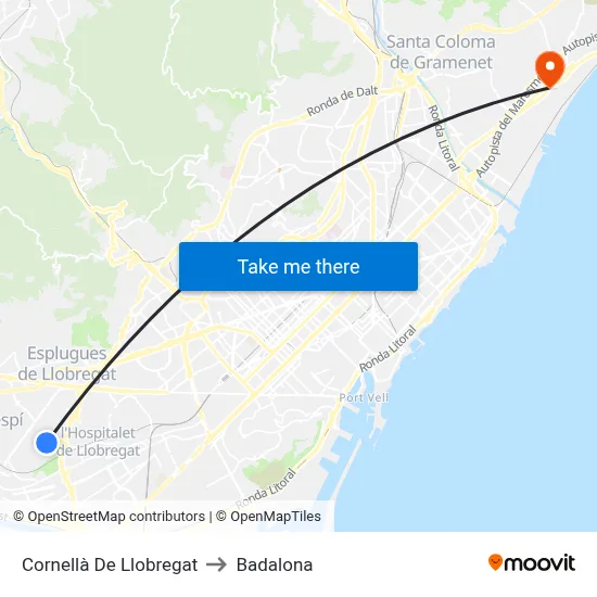 Cornellà De Llobregat to Badalona map