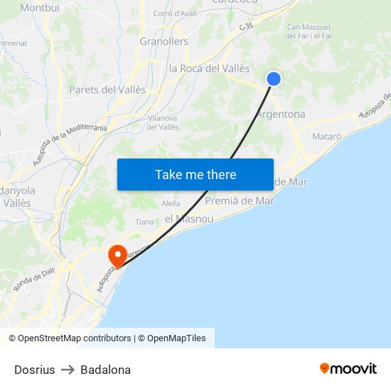 Dosrius to Badalona map