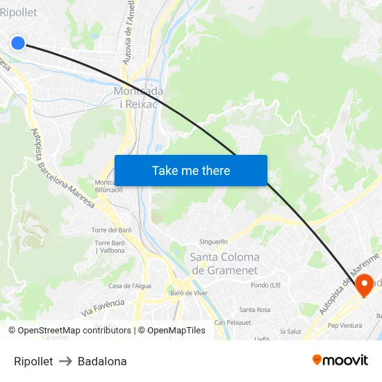 Ripollet to Badalona map