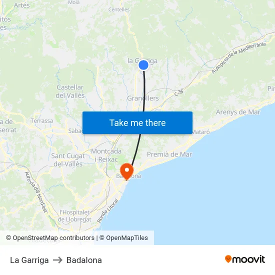 La Garriga to Badalona map