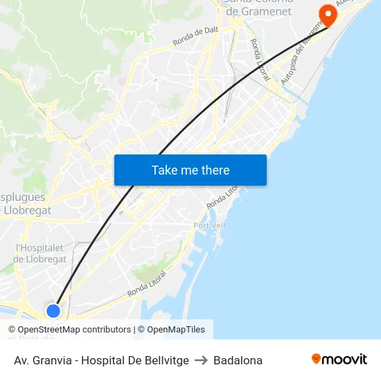 Av. Granvia - Hospital De Bellvitge to Badalona map