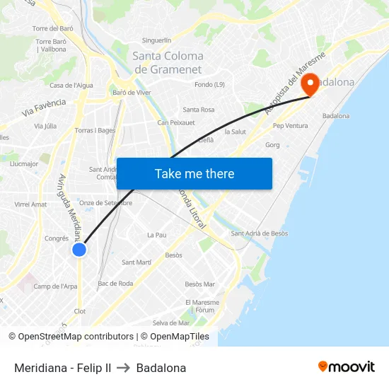 Meridiana - Felip Il to Badalona map