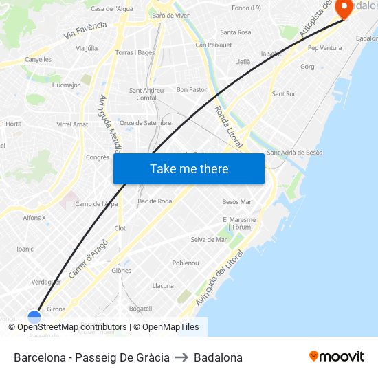 Barcelona - Passeig De Gràcia to Badalona map