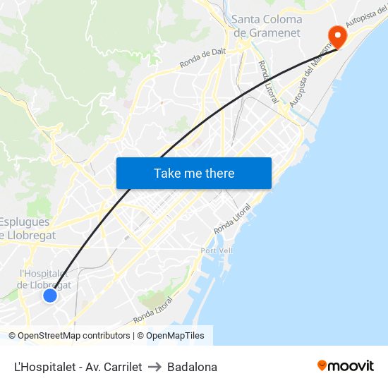 L'Hospitalet - Av. Carrilet to Badalona map