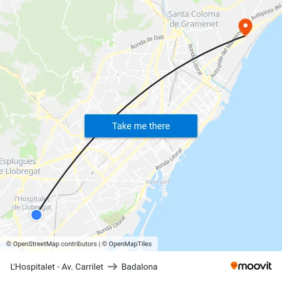 L'Hospitalet - Av. Carrilet to Badalona map