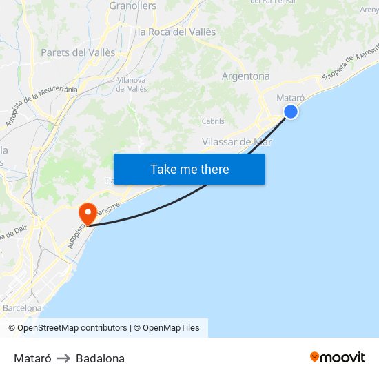 Mataró to Badalona map