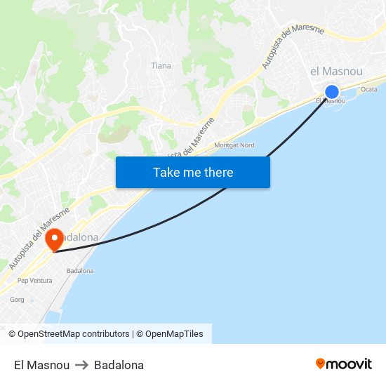 El Masnou to Badalona map