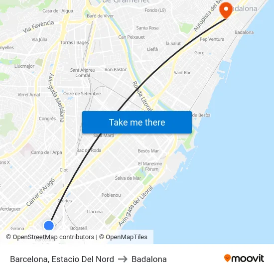 Barcelona, Estacio Del Nord to Badalona map