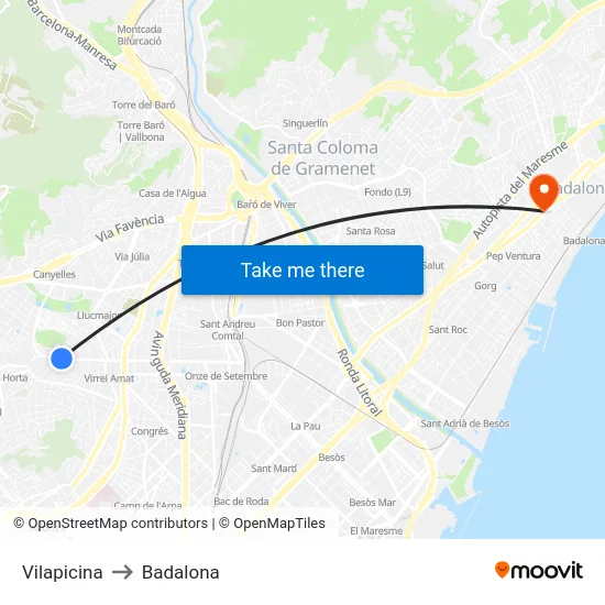 Vilapicina to Badalona map