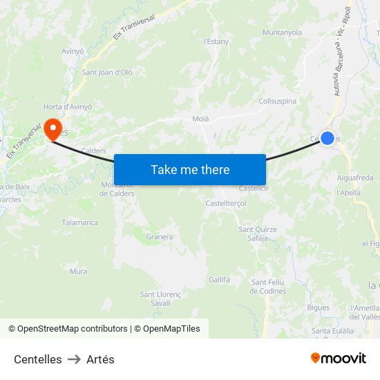 Centelles to Artés map