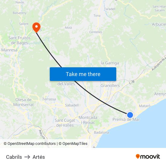 Cabrils to Artés map