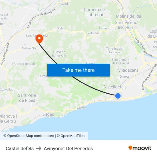 Castelldefels to Avinyonet Del Penedès map