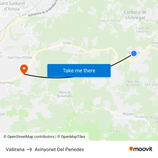 Vallirana to Avinyonet Del Penedès map