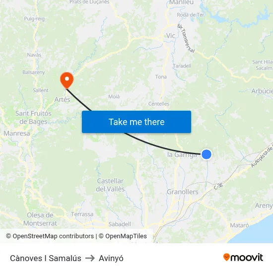 Cànoves I Samalús to Avinyó map