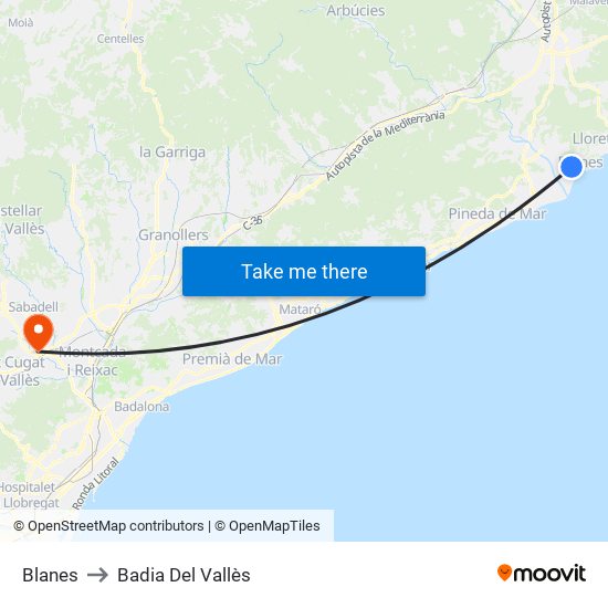 Blanes to Badia Del Vallès map