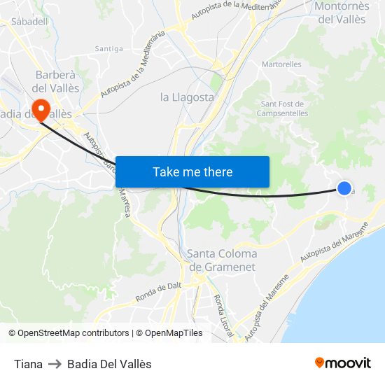 Tiana to Badia Del Vallès map