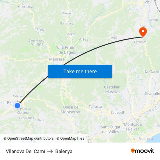Vilanova Del Camí to Balenyà map