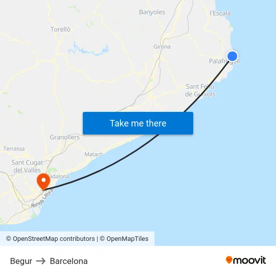 Begur to Barcelona map