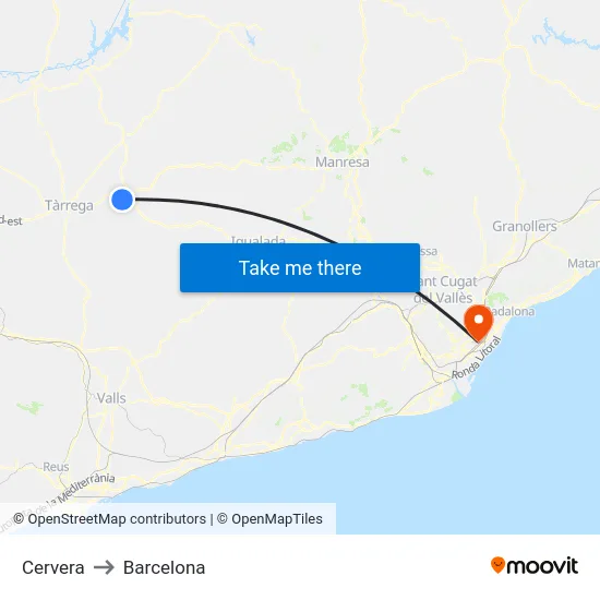 Cervera to Barcelona map