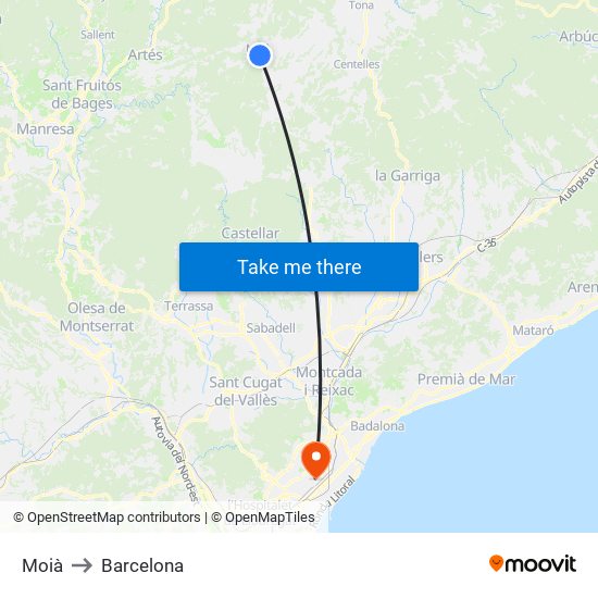 Moià to Barcelona map
