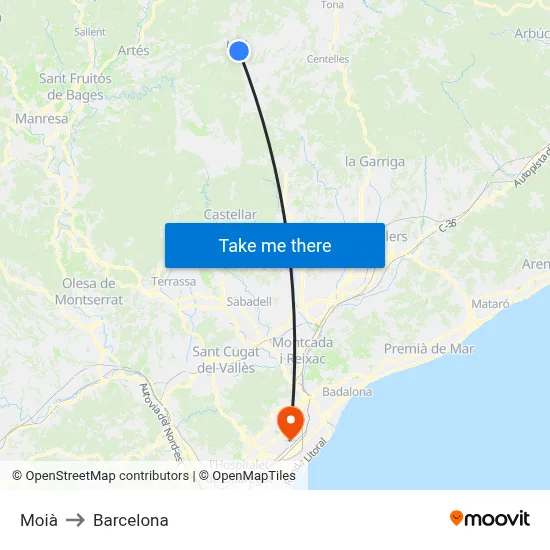 Moià to Barcelona map
