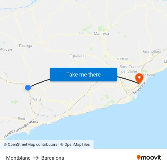 Montblanc to Barcelona map
