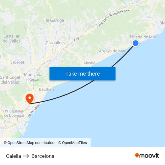 Calella to Barcelona map