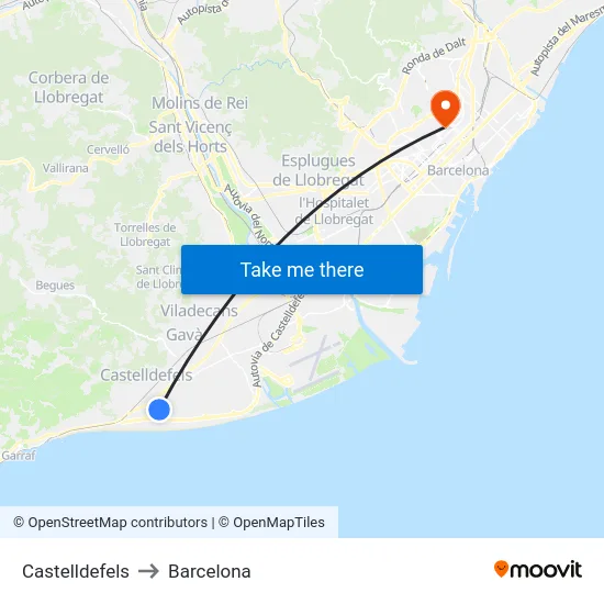 Castelldefels to Barcelona map