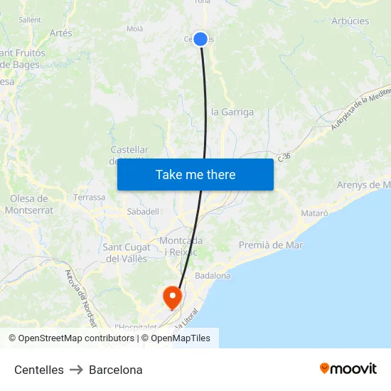Centelles to Barcelona map