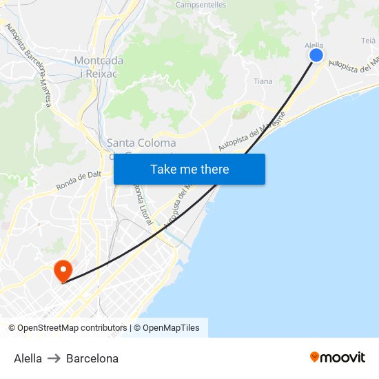 Alella to Barcelona map