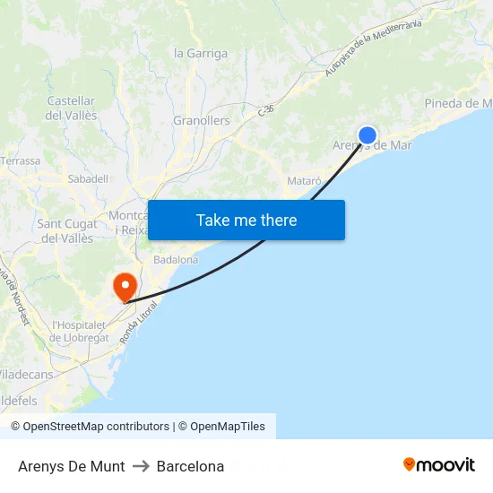 Arenys De Munt to Barcelona map