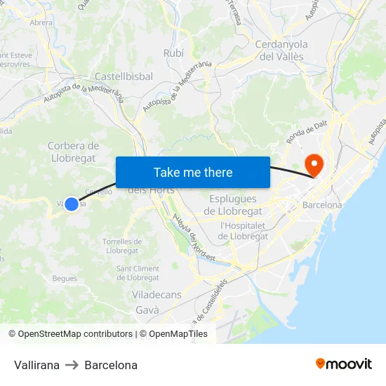 Vallirana to Barcelona map