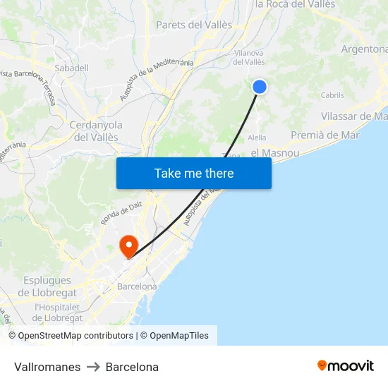 Vallromanes to Barcelona map