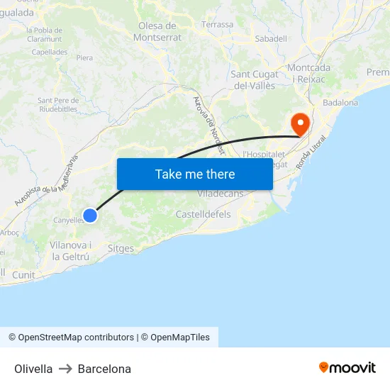 Olivella to Barcelona map