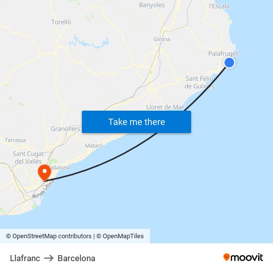 Llafranc to Barcelona map