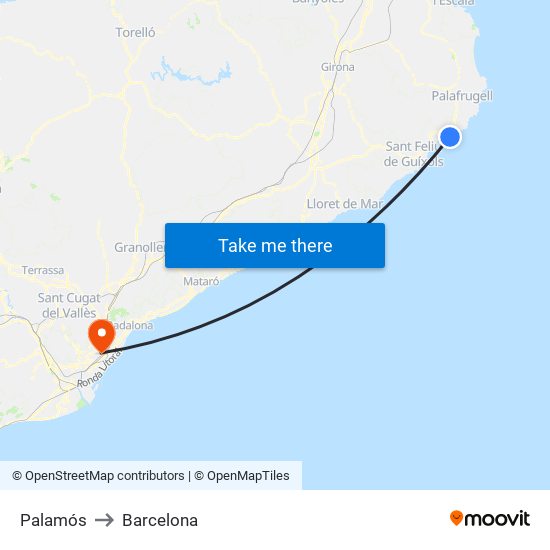 Palamós to Barcelona map