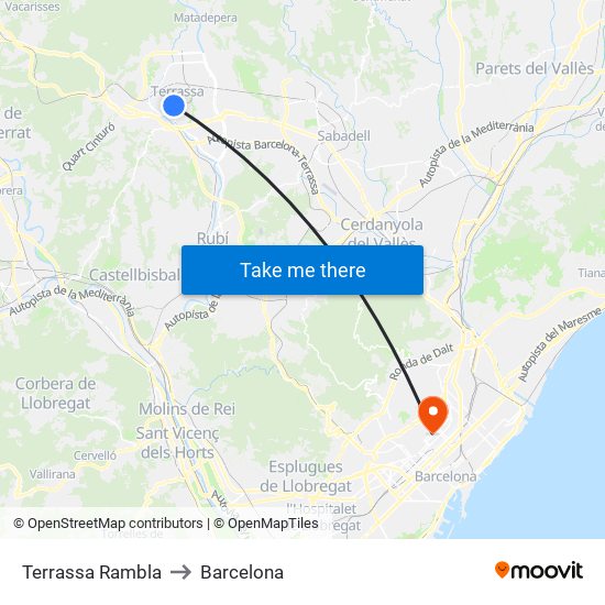 Terrassa Rambla to Barcelona map