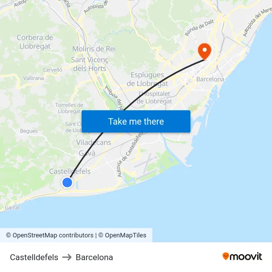 Castelldefels to Barcelona map