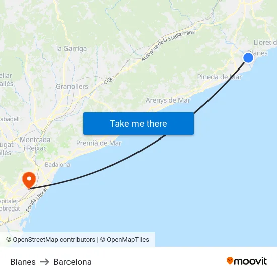 Blanes to Barcelona map